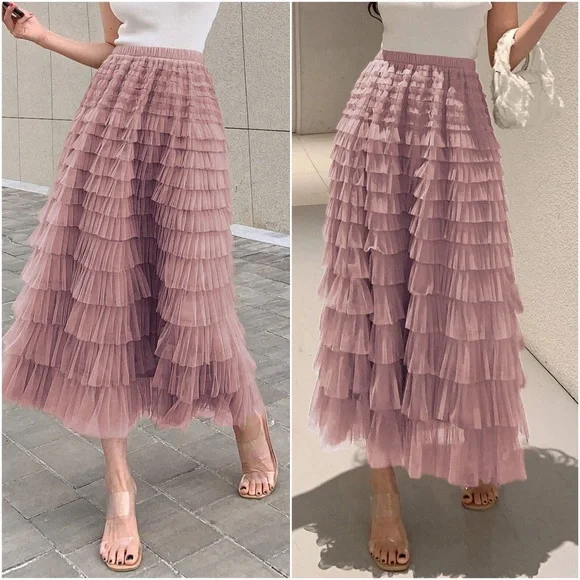 Luxe Mesh Layered Evening Flowy Maxi Skirt - Picture 12 of 13